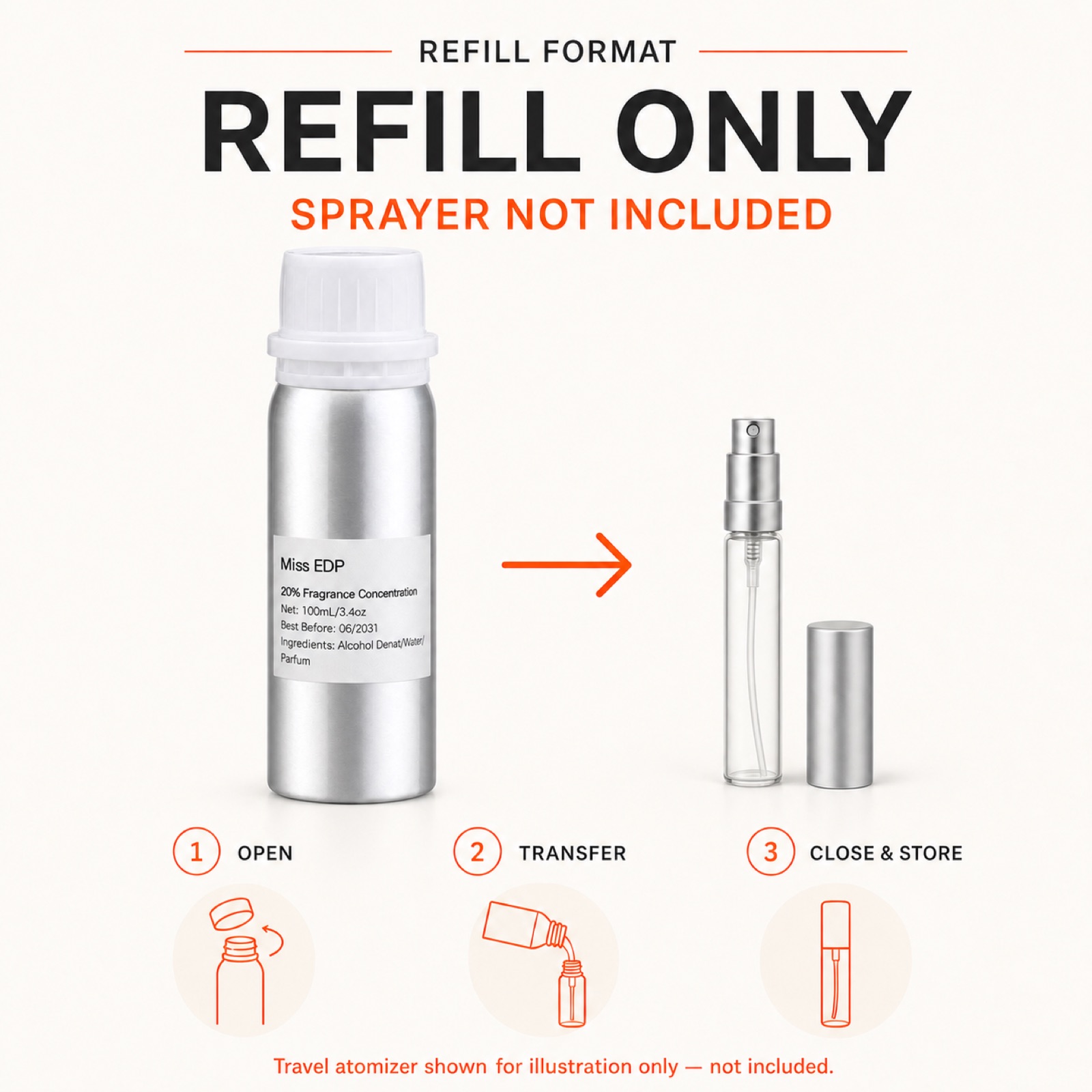 KOHUDIS P191 100ml aluminum fragrance refill bottle with transfer steps; sprayer and travel atomizer not included