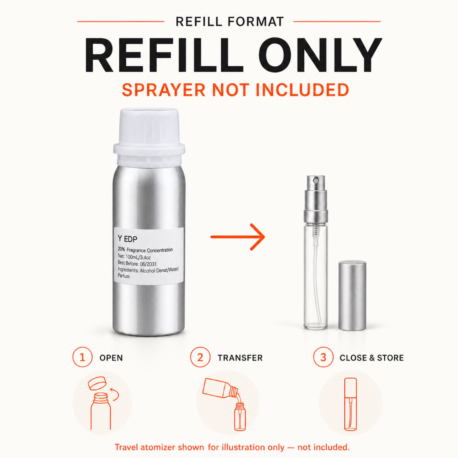 KOHUDIS P22 100ml aluminum fragrance refill bottle with transfer steps; sprayer and travel atomizer not included