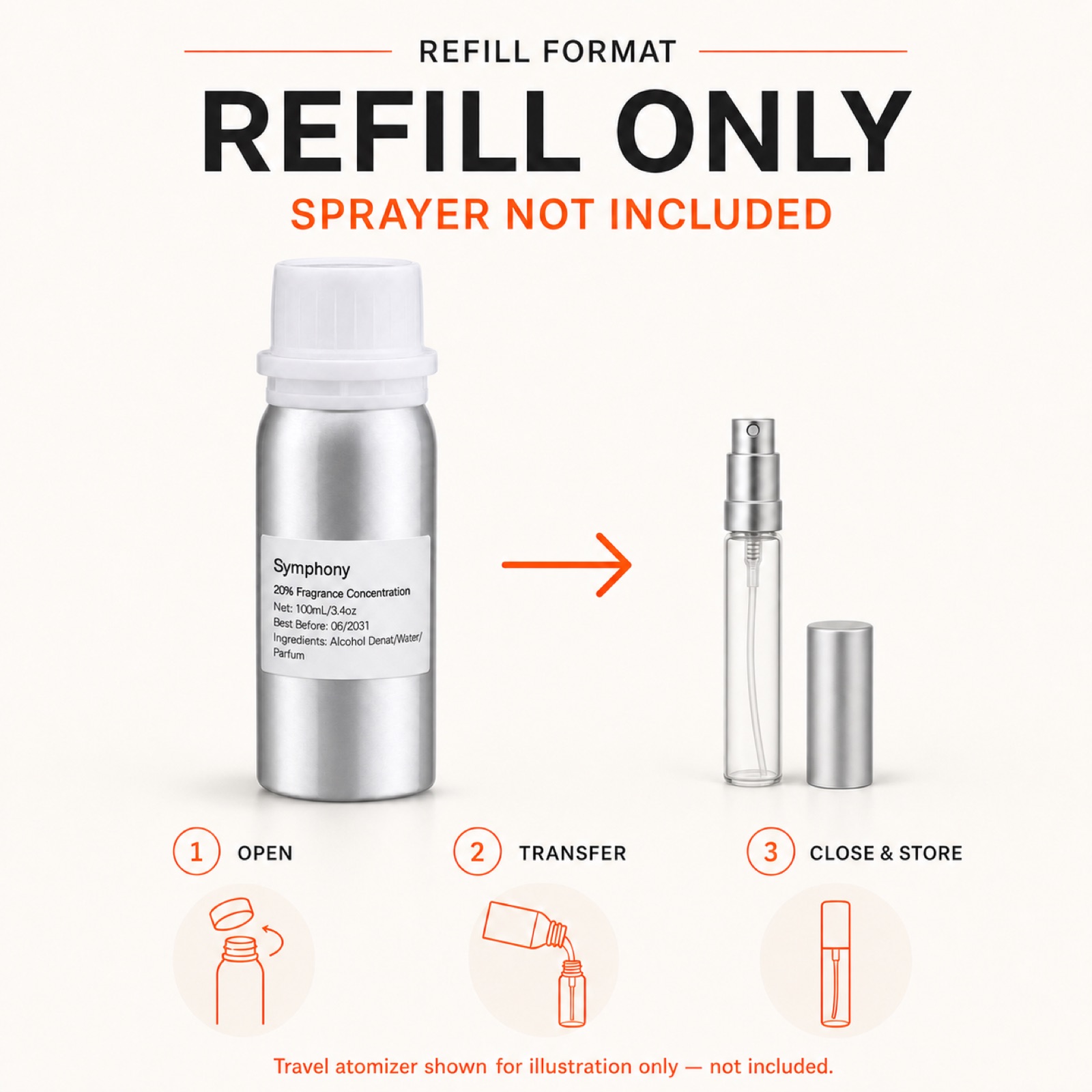 KOHUDIS P135 100ml aluminum fragrance refill bottle with transfer steps; sprayer and travel atomizer not included