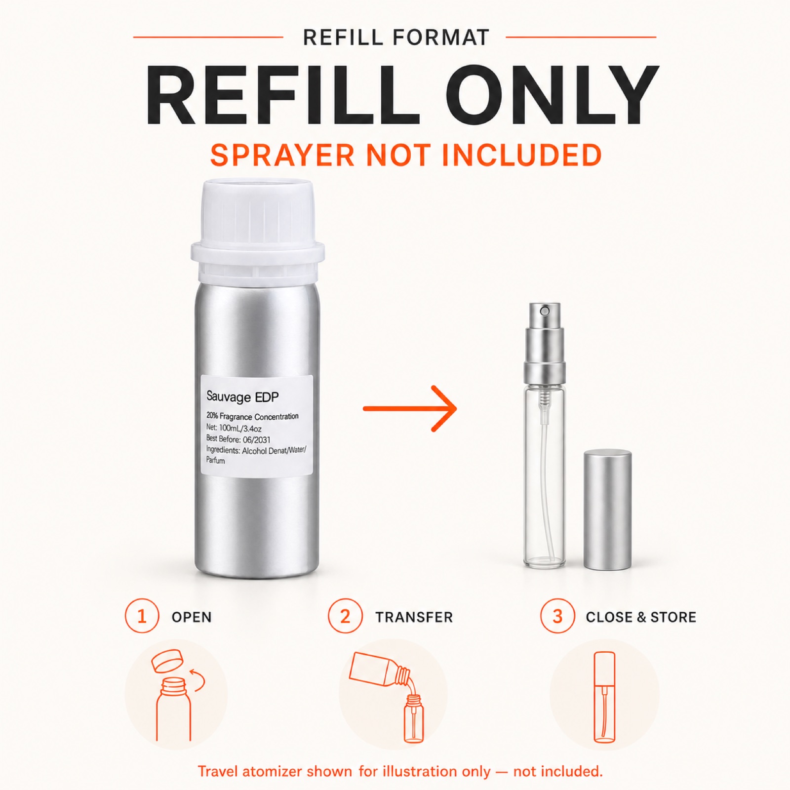 KOHUDIS P34 100ml aluminum fragrance refill bottle with transfer steps; sprayer and travel atomizer not included